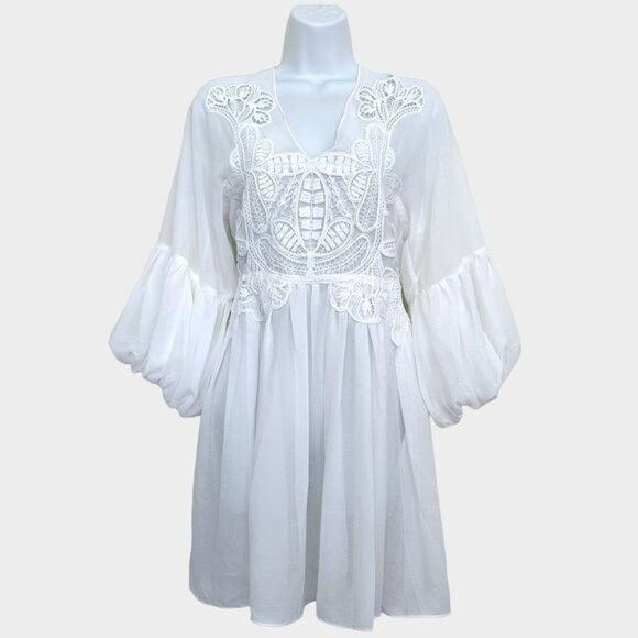 RAISSA Sheer Embroidered Lace Puff Sleeve Mini Dress Coverup White Sz XS-S NWT - Picture 1 of 16